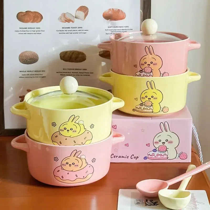 Cute Rabbit Ceramic Instant Noodle Bowl with Lid Spoon Instant Noodle for Student Dormitory Double Eared Luosifen Bowl Soup Bowl