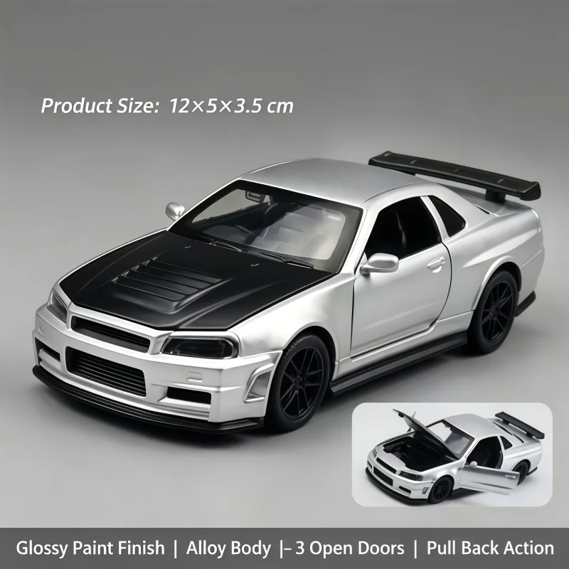 1/36 Scale, GTRR Style Die-Cast Racing Car Toy, Simulated Modified Sports Car, Hood and Doors Can Be Opened, Reaction Alloy Mode view 5