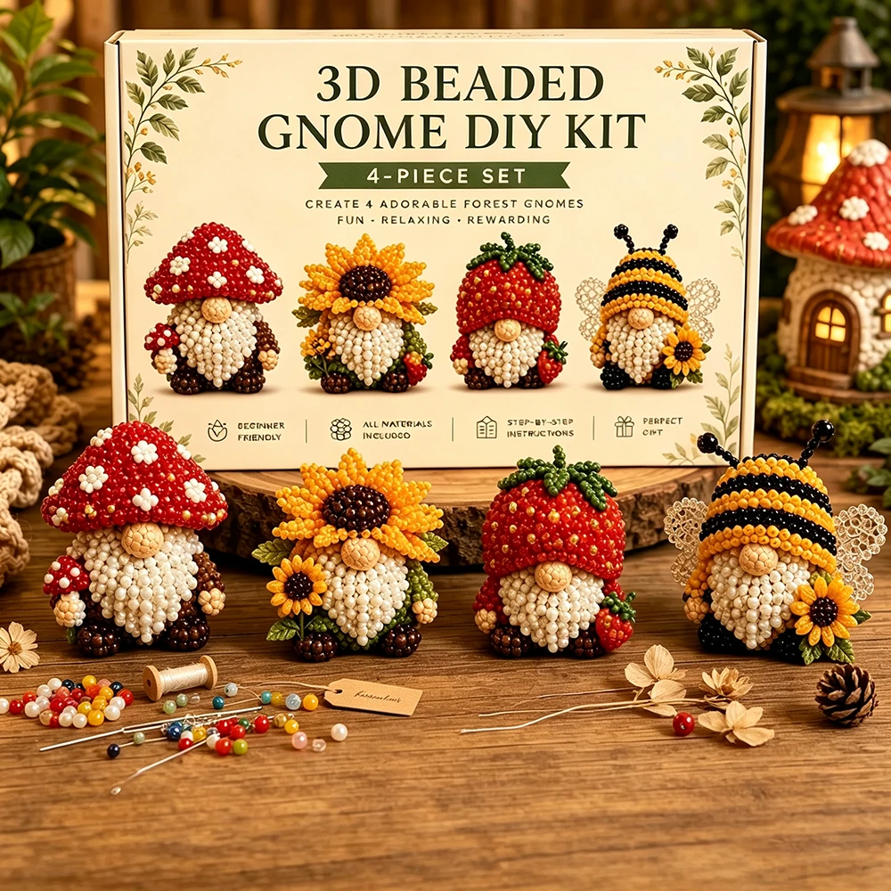 3D-Perlengnom-DIY-Set, 4 bezaubernde Perlengnom-Ornament-Sets, anfängerfreundliches Bastelset für Erwachsene Bastelliebhaber.