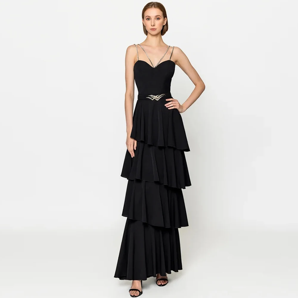 

Elegant Black Jersey Evening Dress Delicate Backless Special Occasion Gowns Temperament Tiered Sleeveless Customized Prom Dress