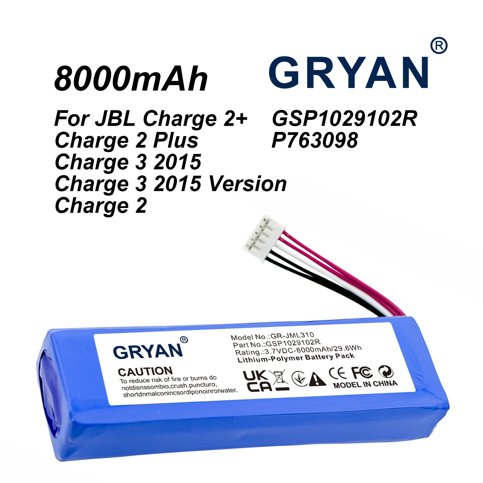 GRYAN GSP1029102R 8000mAh Battery for JBL Charge 2 + Charge 2 Plus Charge 3 (2015 Version)