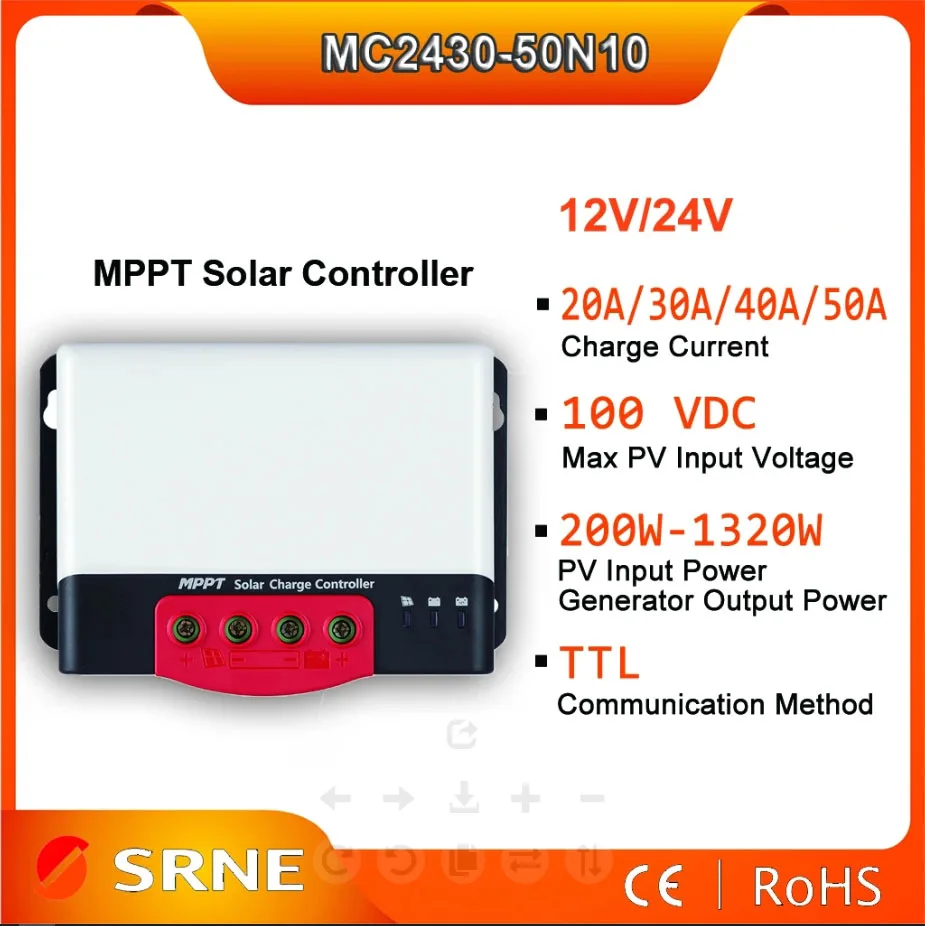 

SRNE MPPT Solar Charge Controller Max 1320W Input 20-50A Solar Regulator 12V 24V For lithium Battery With BT-2 RM-6 LCD optional