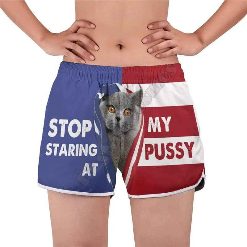 British Shorthair Cat Stop Staring At My Pussy Swim Trunk 3D Printed Women Shorts Summer Beach Shorts Elastic Waist Shorts