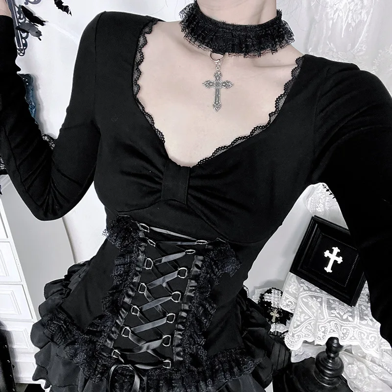 2025 New Vintage Dark Lolita Long Sleeve Bandage Lace Up Lace Trim Tops Women's Gothic Slim T-shirts Sexy Club Top Tees Coquette