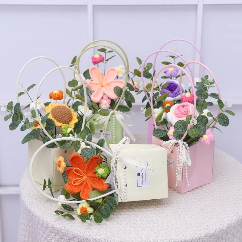 New Style Crochet Sunflowers Roses carnation Plush Plants Finished Knitted handbag Bouquets Valentine Birthday Graduation Gifts