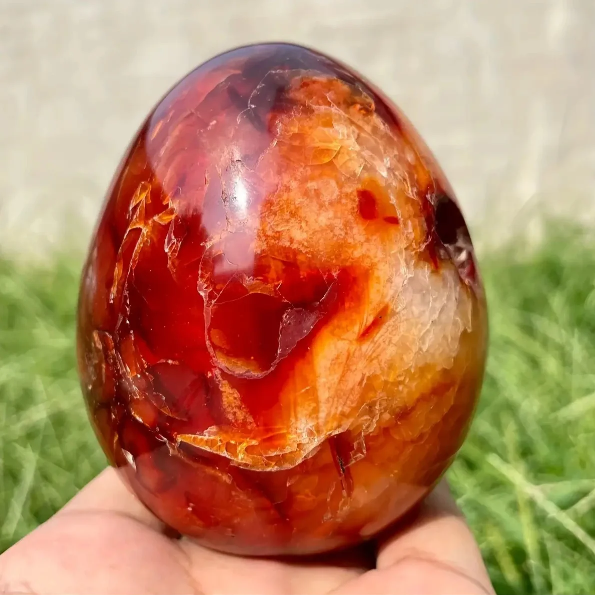 Oval-shaped red agate crystal egg - a gemstone with a deep red to wine-red luster.