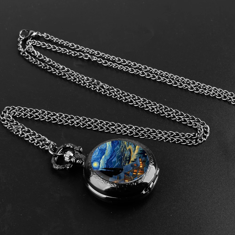 Starry night over the town Design Quartz Pocket Watches for Women Men Watch Unique Pendant Clock Necklace Kids Jewelry Gifts