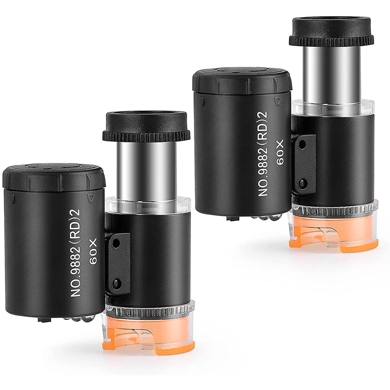 2 Pieces 60X Mini Pocket Microscope With 3 Light,Jewelers Eye Loupe Portable Magnifing Glass For Handcrafts Jewelry