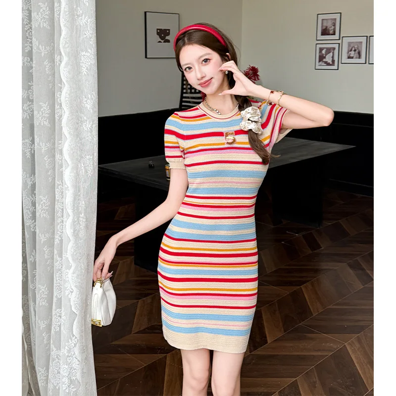 

Ladies' Rainbow Striped Knitted Dress 2025 New Summer Look Small, Fragrant, Fashionable Pencil Skirt