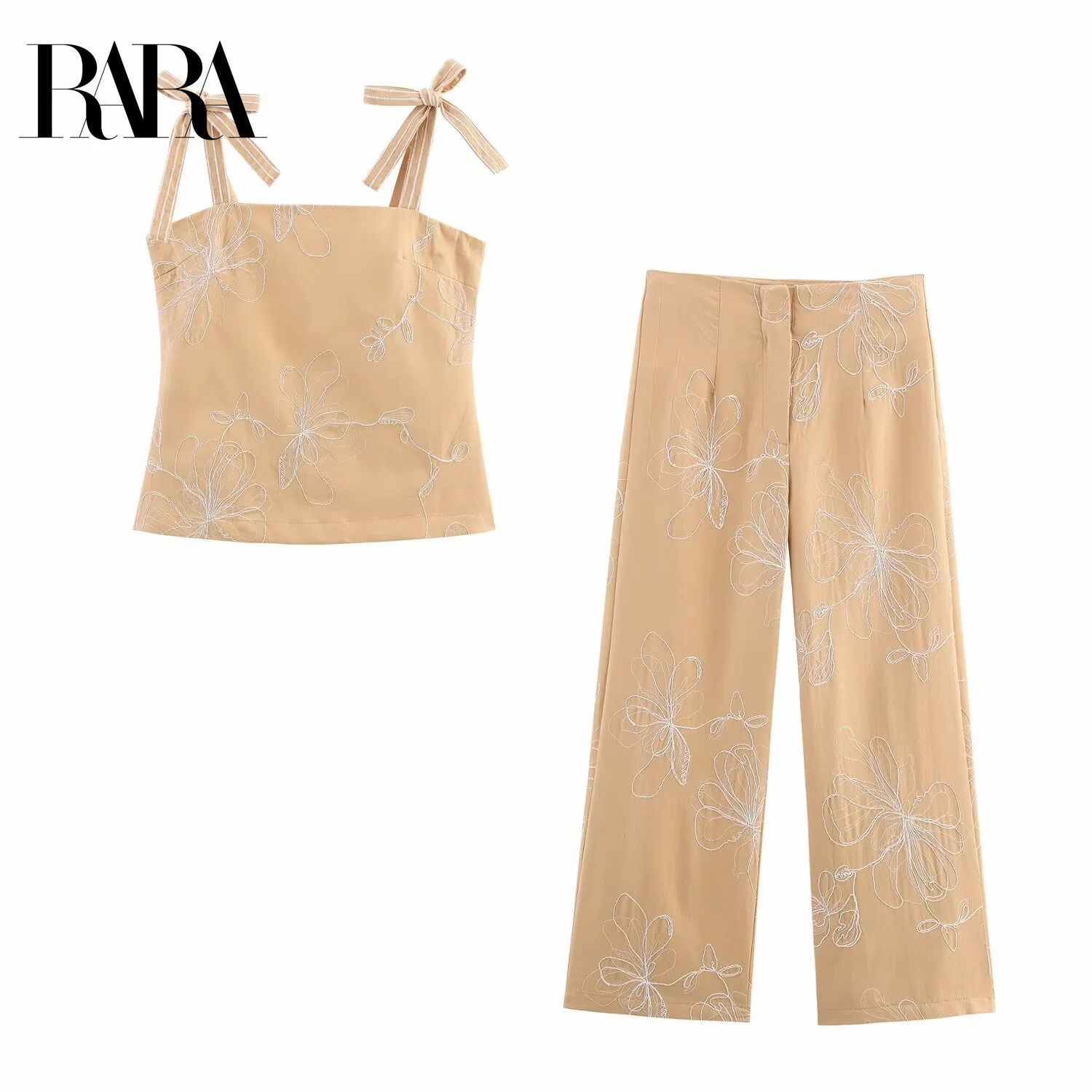 

RARA2025 new summer women's casual fashion temperament suspenders sleeveless slim embroidered tops + high waist trousers