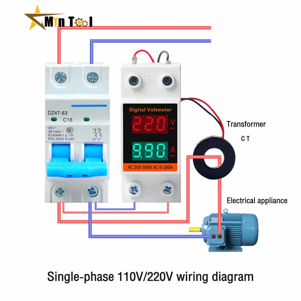 Din Rail LCD Dual Digital AC Voltmeter Ammeter AC220V 380V Meter AC60-500V AC0.00-99.9A Amp Monitor for Electrician Tool