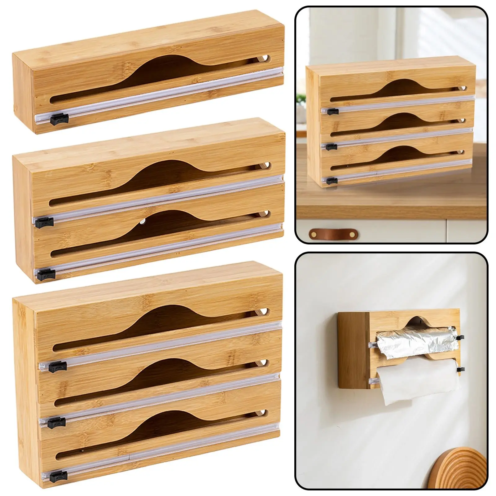 Kitchen Wrap Dispenser Bamboo Wall Mounted Foil & Cling Film Cutter for Kitchen Organization Storage