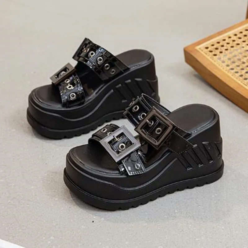 10CM Women's 2026 Summer Outdoor Beach Wedge Heel Thick Bottom Slip-On Slippers High Heels Buckle Shoes New Ladies Flat Sandals