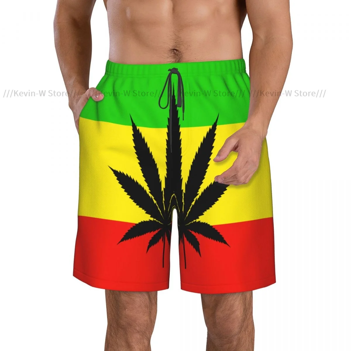 Summer Men's Swimwear Shorts Rasta Flag With Leaf Beachwear Swim Trunks Men Swimsuit