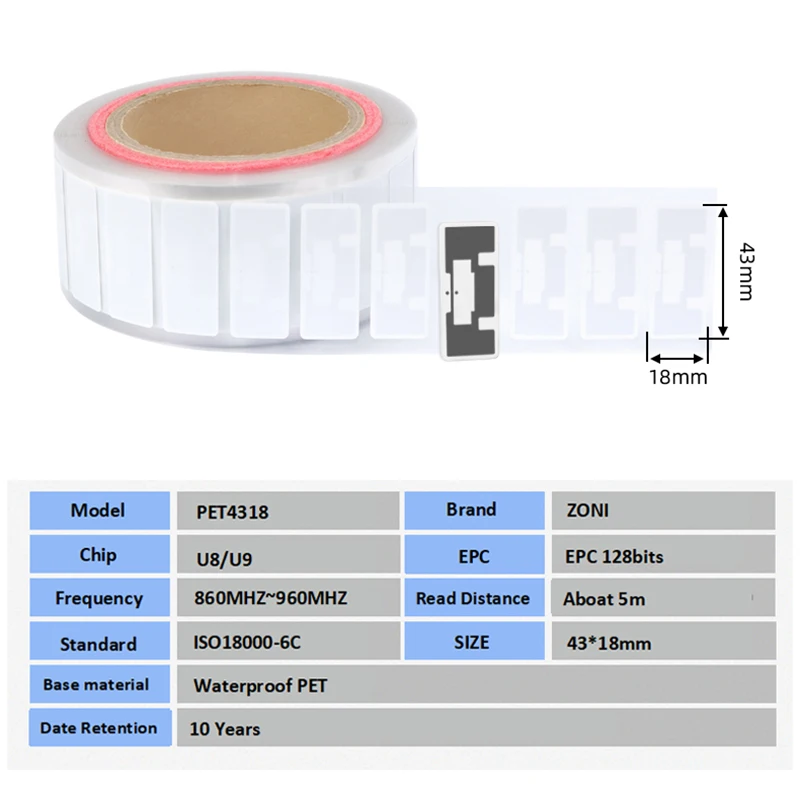 20PCS UHF RFID Anti Liquid Tag NXP U8 U9 Chip Adhesive Sticker PET 18000-6C Class 1 Gen2 860-960MHz Electronic Label