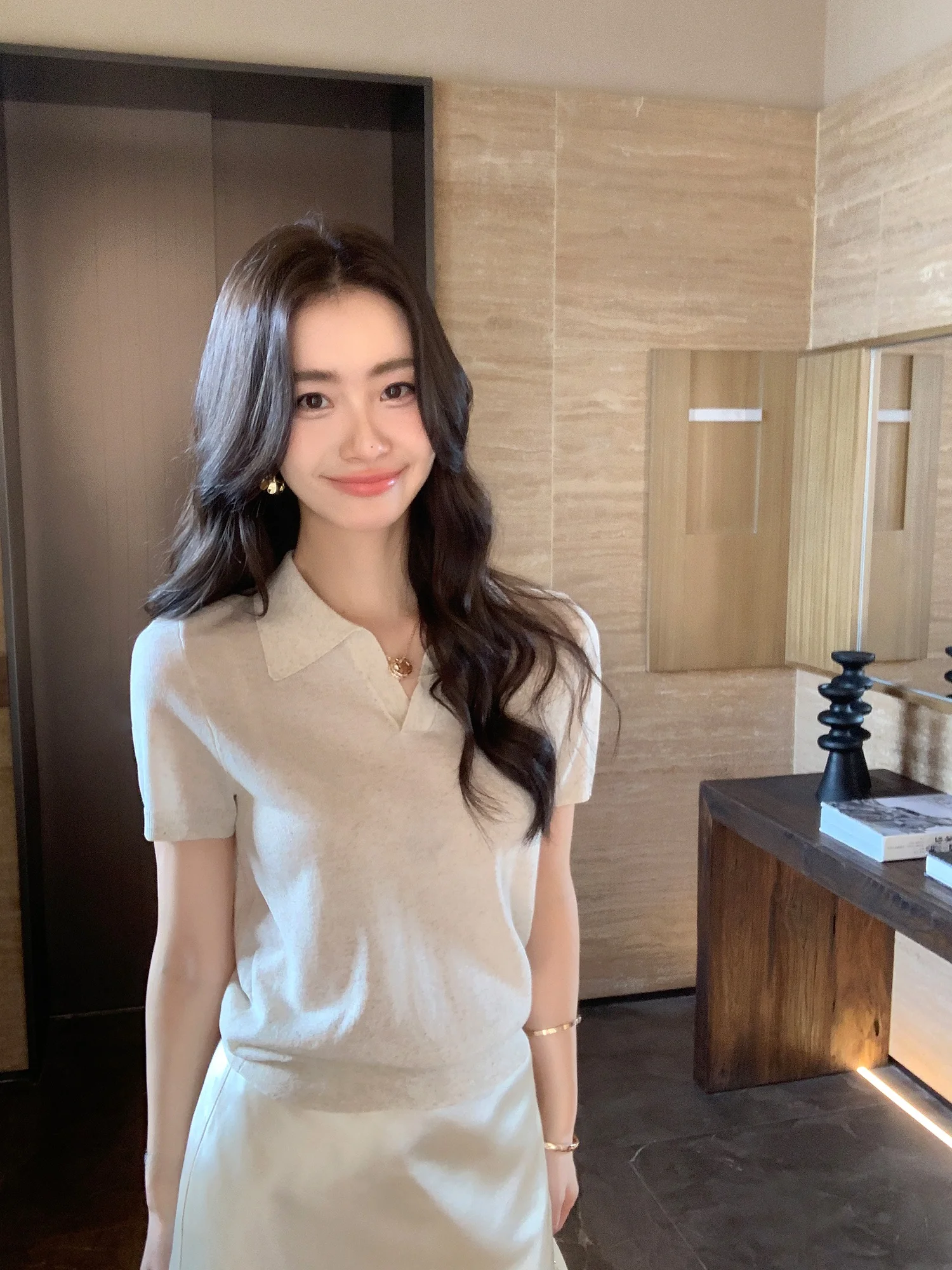 

Pusumede Neck Short Sleeve Knitted Sweater Women Loose Shoulder Regular Length Simple Style Summer Fashion Top