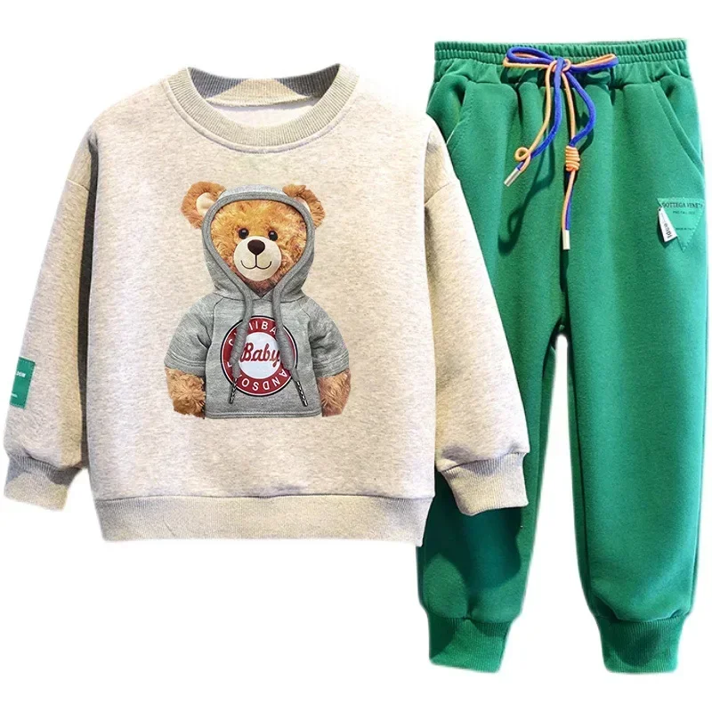 Conjunto de ropa de otoño para bebé, niña y niño, sudadera deportiva con oso de dibujos animados, Top y pantalones con botones, traje de dos piezas,