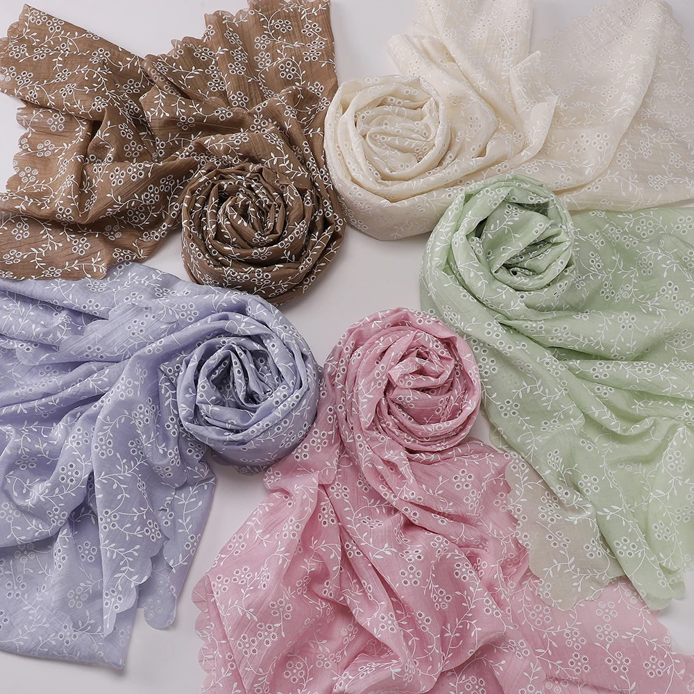 Muslimischer Hijab mit weißer Blumenranken-Stickerei, Muschelkanten-Spitze, mehrfarbig, für den täglichen Gebrauch, muslimischer Kopfschmuck, islamischer Schal – Detail 10