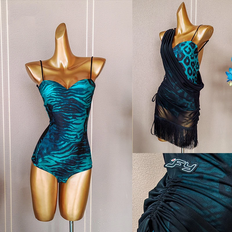 

Women Latin Dance Performance Costumes Strap Blue Leopard Print Jumpsuit Mesh Tassels Smock Chacha Latin Dance Dress DN20386