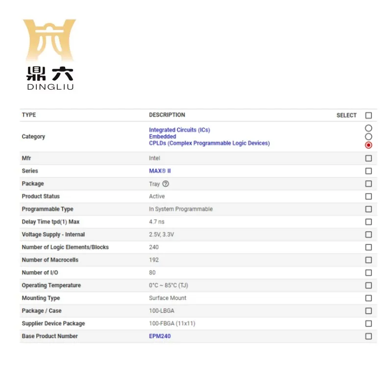 EPM240F100C5N 	 IC CPLD 192MC 4.7NS 100FBGA Complex Programmable Logic Devices  EPM240F100C5N  BOM service