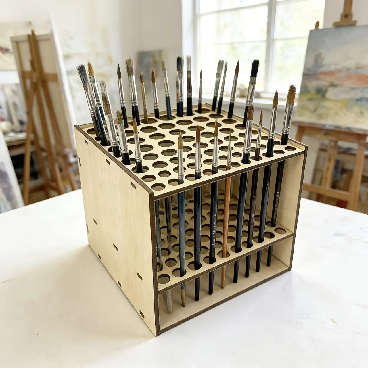 1 Set 67-Slot Premium Double-layer Durable Artist Desk Organizer Wooden Brush Holder Pencil Paint Brushes Storage Art Craft