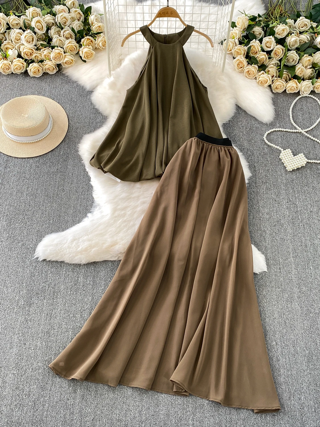 

Летний комплект «Пряная девушка» с высокой талией и пышным бутоном цветка, висящий топ, длинная юбка-зонтик, модный женский комплект больших размеров