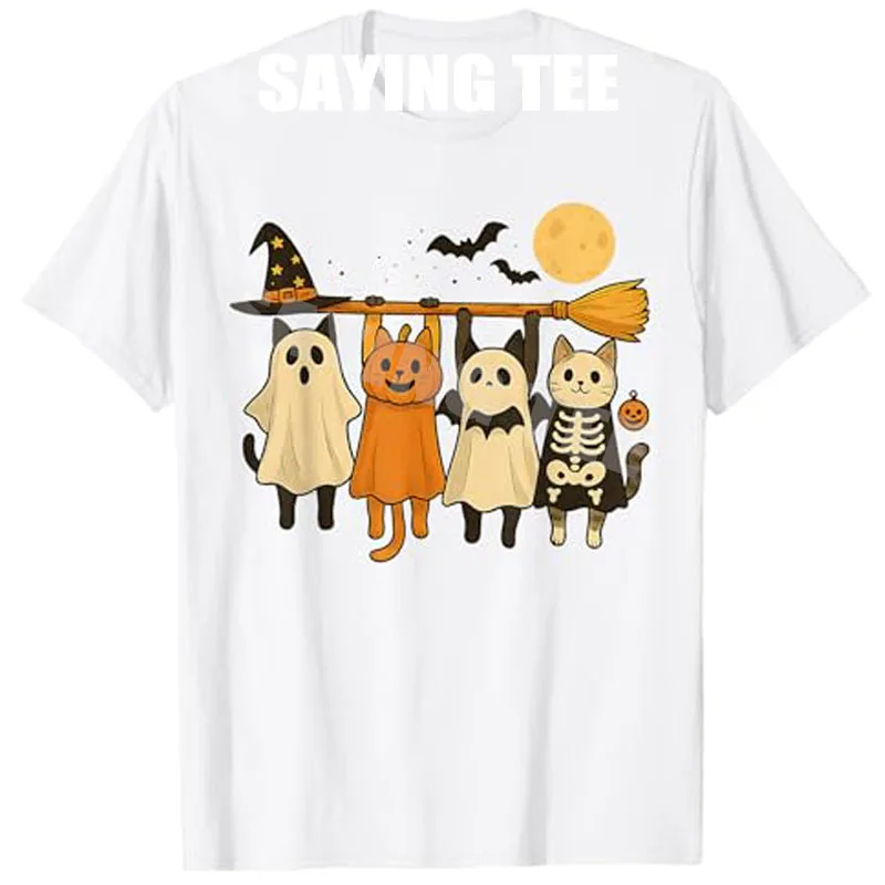 Cute Halloween Cat Ghost Pumpkin Skeleton T-Shirt Spooky Season Novelty Gift Humor Funny Kitty Y2k Graphic Outfit Saying Tee Top