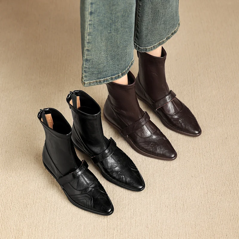 2026 new autumn winter women ankle boots natural leather 22-25cm sheepskin+stretch microfiber+pigskin/plush women short boots