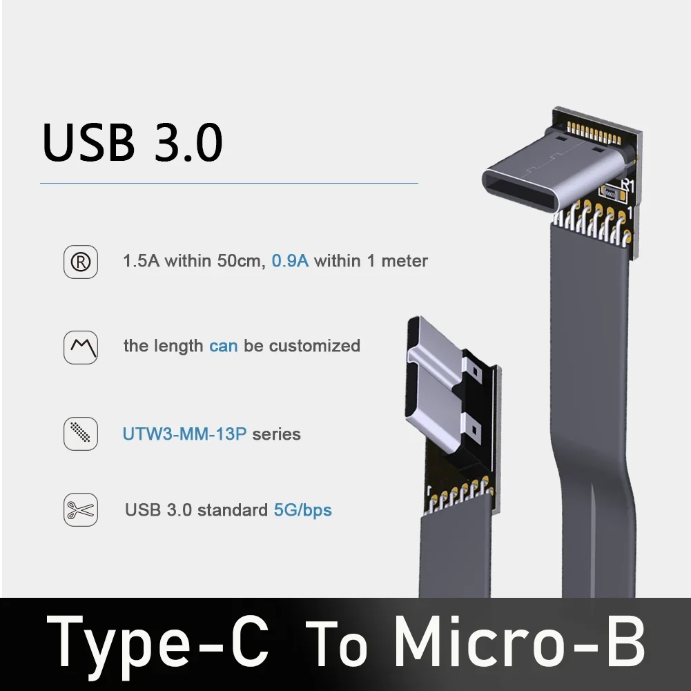 

Super Flat Flexible Up Down Left Right Angled 90 Degree Micro USB 3.0 Male To USB C Elbow Male Data Charge Connector Flat Cable