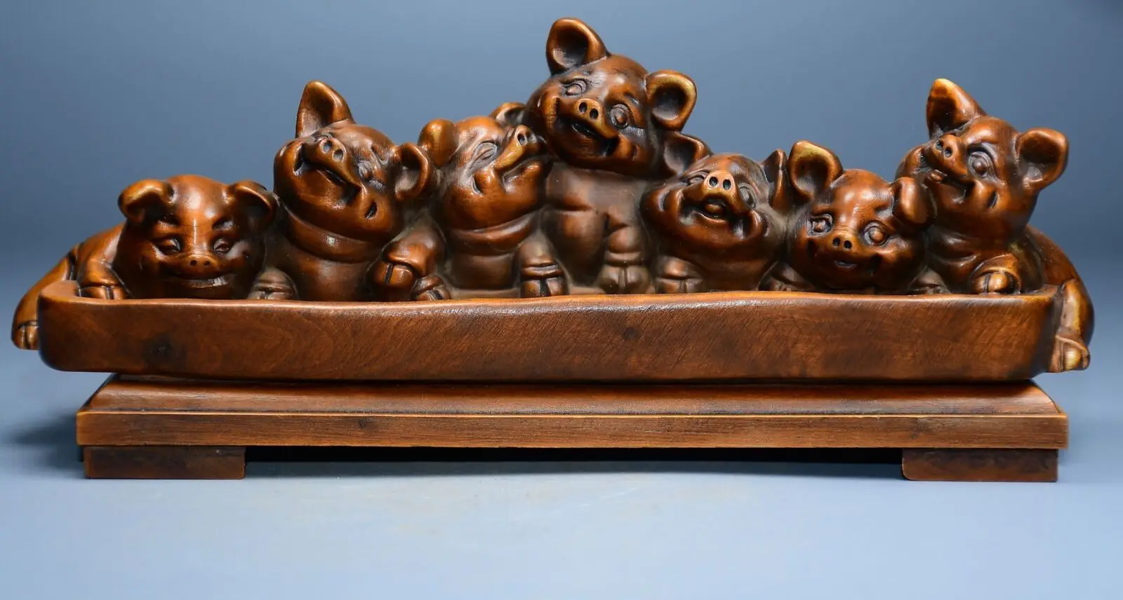 

Chinese Old Boxwood Wood Carving Happy Pig Statue Home Decor Nice Art Work Gift