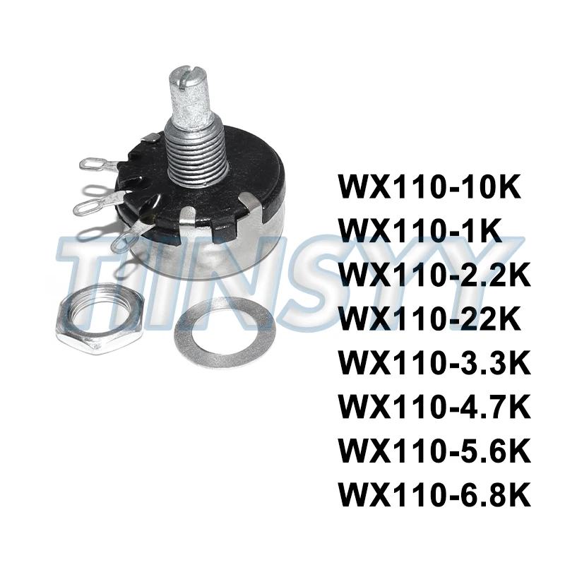 1PCS WX110 10 Ohm - 22K Ohm 10R-22K 3 Soldering Terminals 6mm Round Metal Shaft Single Turn Wire Wound Potentiometer