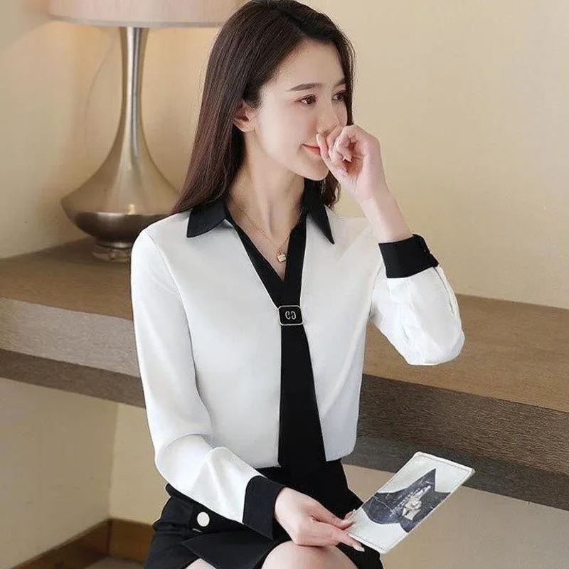 Elegant Fashion Vneck Tie Long Sleeve Chiffon Shirt Women\'s Clothing 2023 Spring Office Lady Casual Commute Solid Spliced Blouse