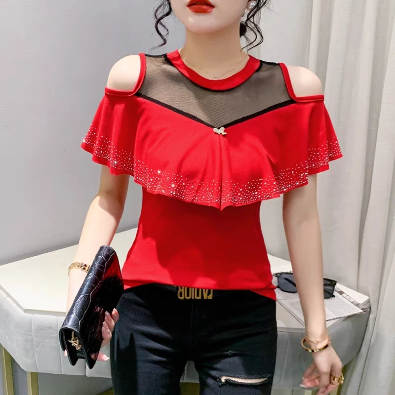 New Summer Chic Hollow Out Short Sleeved Women\'s T-Shirt Fashion O-Neck Hot Diamond Ruffles Tees High Elastic Cotton Tops Blouse