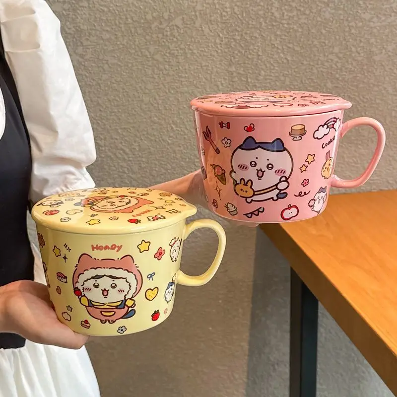 

Chiikawa Kawaii Sanrio Anime Kawaii Water Storage Water Cup Cute Ceramic Noodle Bowl with Lid Spoon Student Tableware Gifts