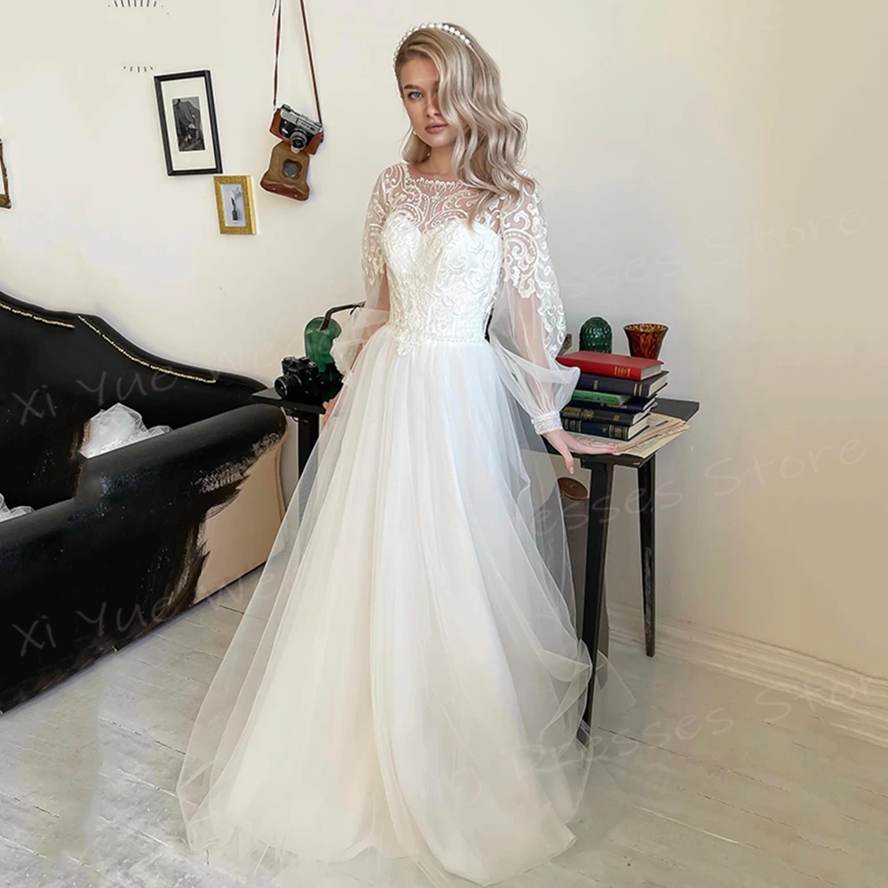 

Modern Charming A Line Women's Wedding Dresses Beautiful Lace Appliques Bride Gowns New Long Lantern Sleeve فستان فخم للسهرات