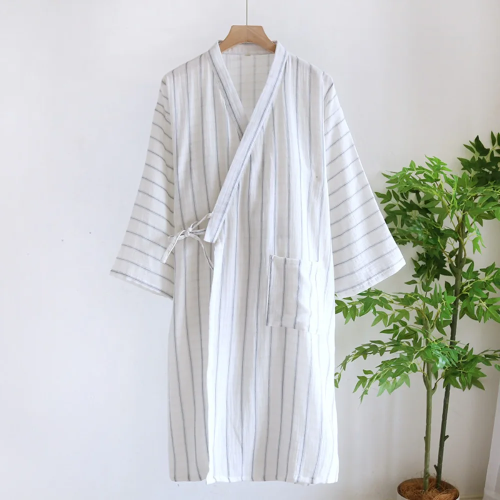 Kimono Gauze Cotton Bathrobe Striped Casual Robe Man Sleepwear 2026 New Spring Summer V-neck Loose Dressing Gown Lounge Wear