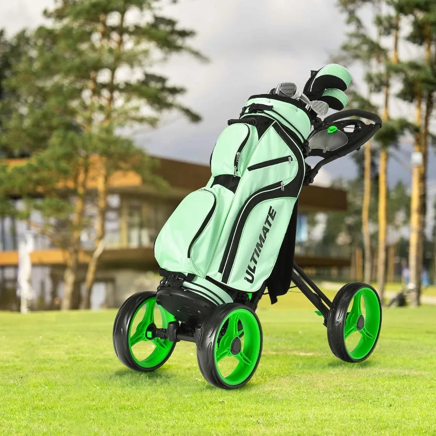 عربة دفع جولف قابلة للطي ذات 4 عجلات لسهولة المشي على الدورات تتميز بأشرطة مرنة ومظلة وحامل أكواب وتخزين لوحة النتائج L