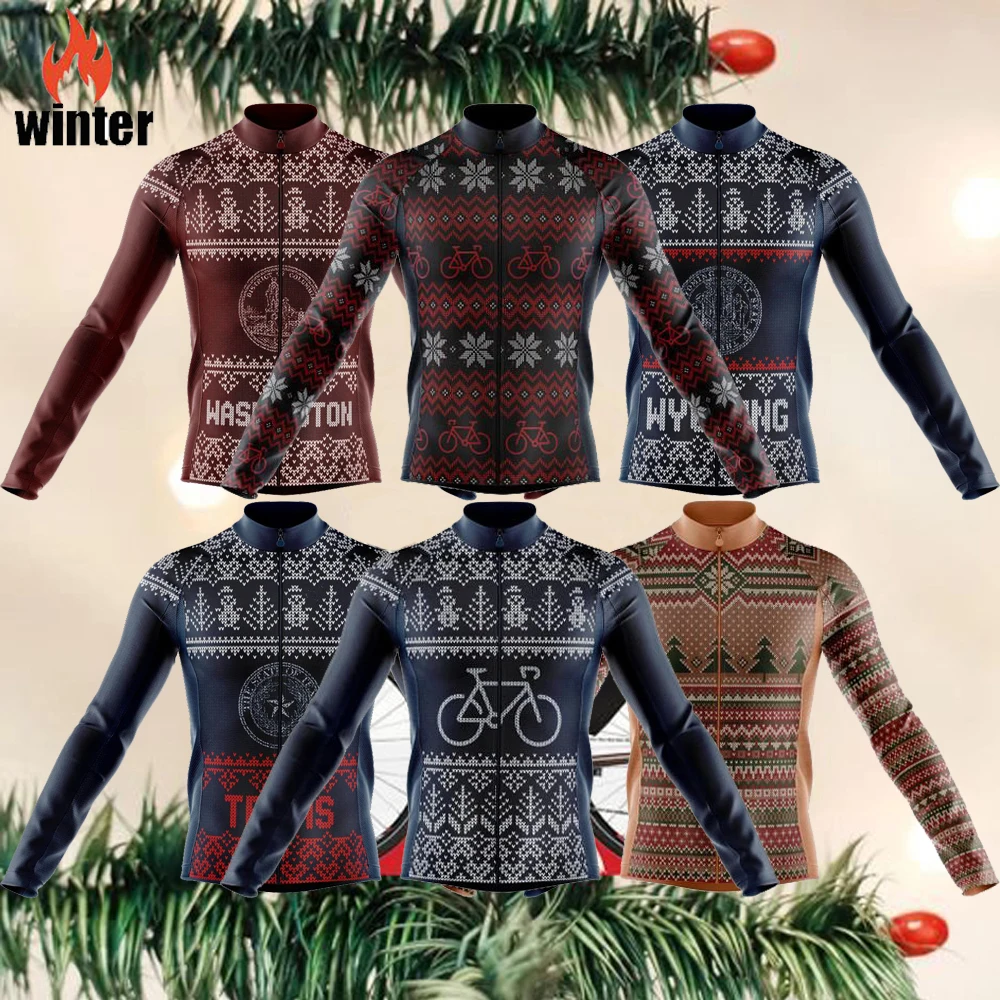 2022 Men's Cycling Jersey For Christmas Navy Blue Red  Long-Sleeved  Winter Warm  Outdoor sport Mountain Bike Bicycle Clothes