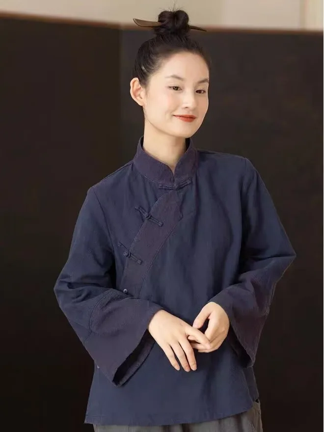 

Chinese Style Long Sleeve Cotton Linen Shirt Women Spring Pure Color Zen Tea Service Stand Collar Loose Linen Top Button