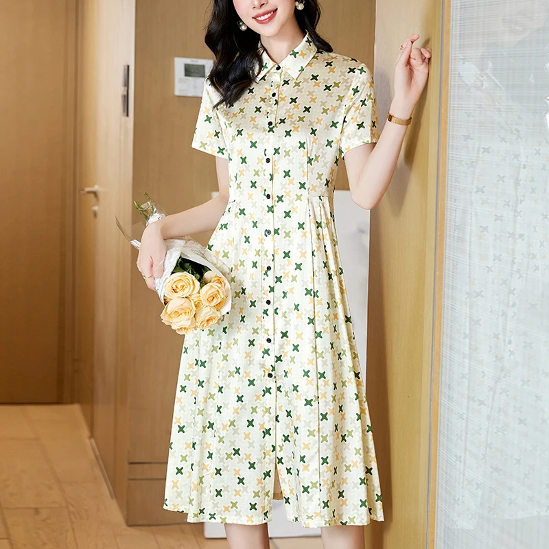 Real Silk Satin Summer Dresses for Women Elegant Turn-down Collar Women's Shirt Dress Short Sleeve Woman Print Long Dress A-line