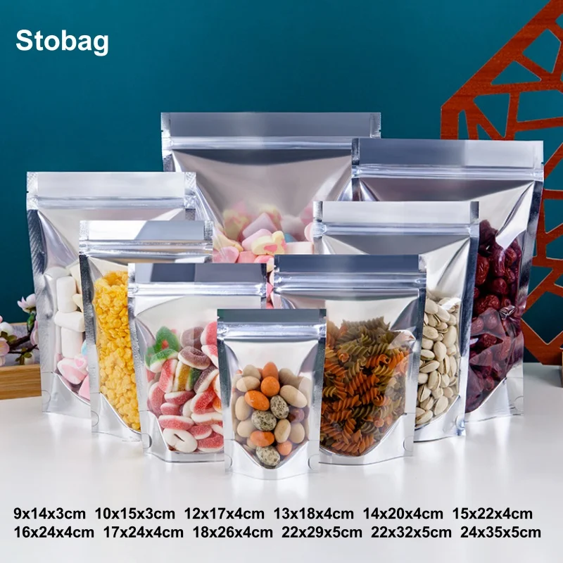 

StoBag 100pcs Aluminum Foil Transparent Food Packaging Zipper Bag Stand Up for Candy Tea Nuts Storage Reusable Gift Pouches