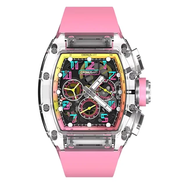 CRONUSART Men Chronograph Watch Tonneau Automatic Mechanical Wristwatch Sapphire Case Sapphire Mirror Luminous FKM Strap