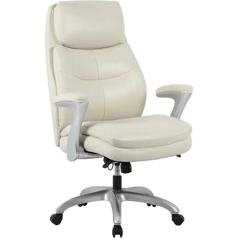 

Бежевое офисное кресло из веганской кожи с высокой спинкой, эргономичное, с откидными подлокотниками, сертифицировано BIMA, с серебряными акцентами