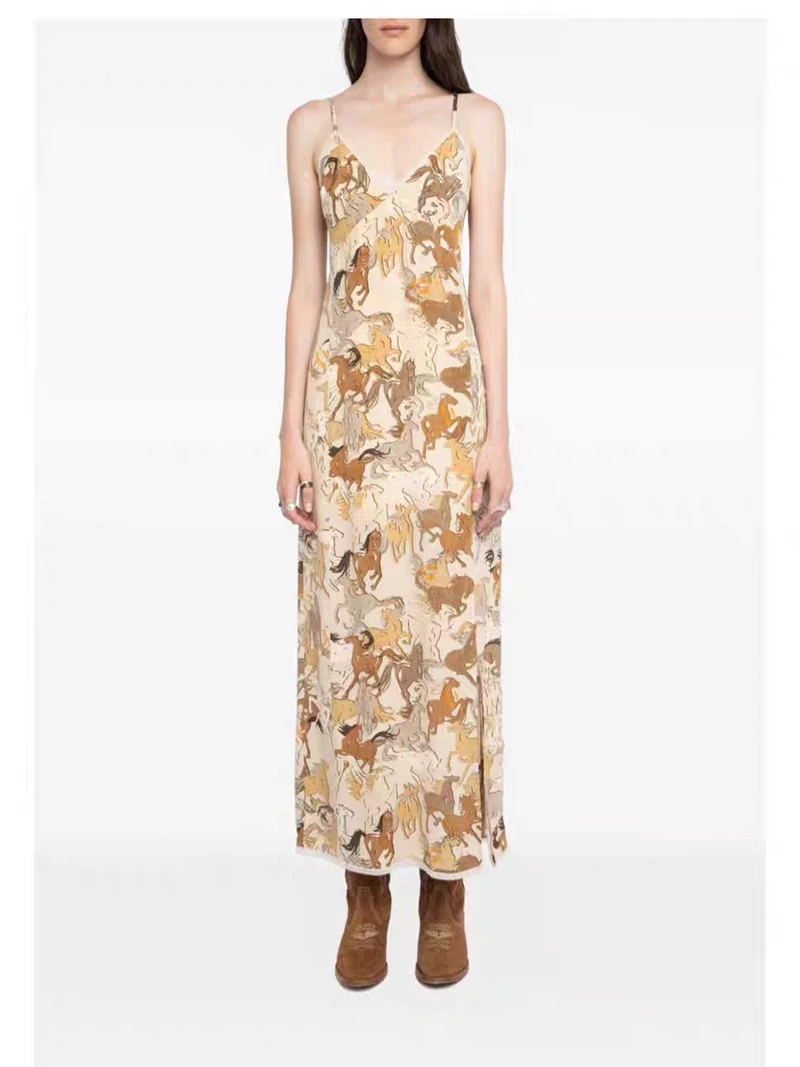 

Women Horse Print Slip Dress V-Neck Sleeveless Maxi Dress Bohemian Summer Casual Beach Party Long Dress
