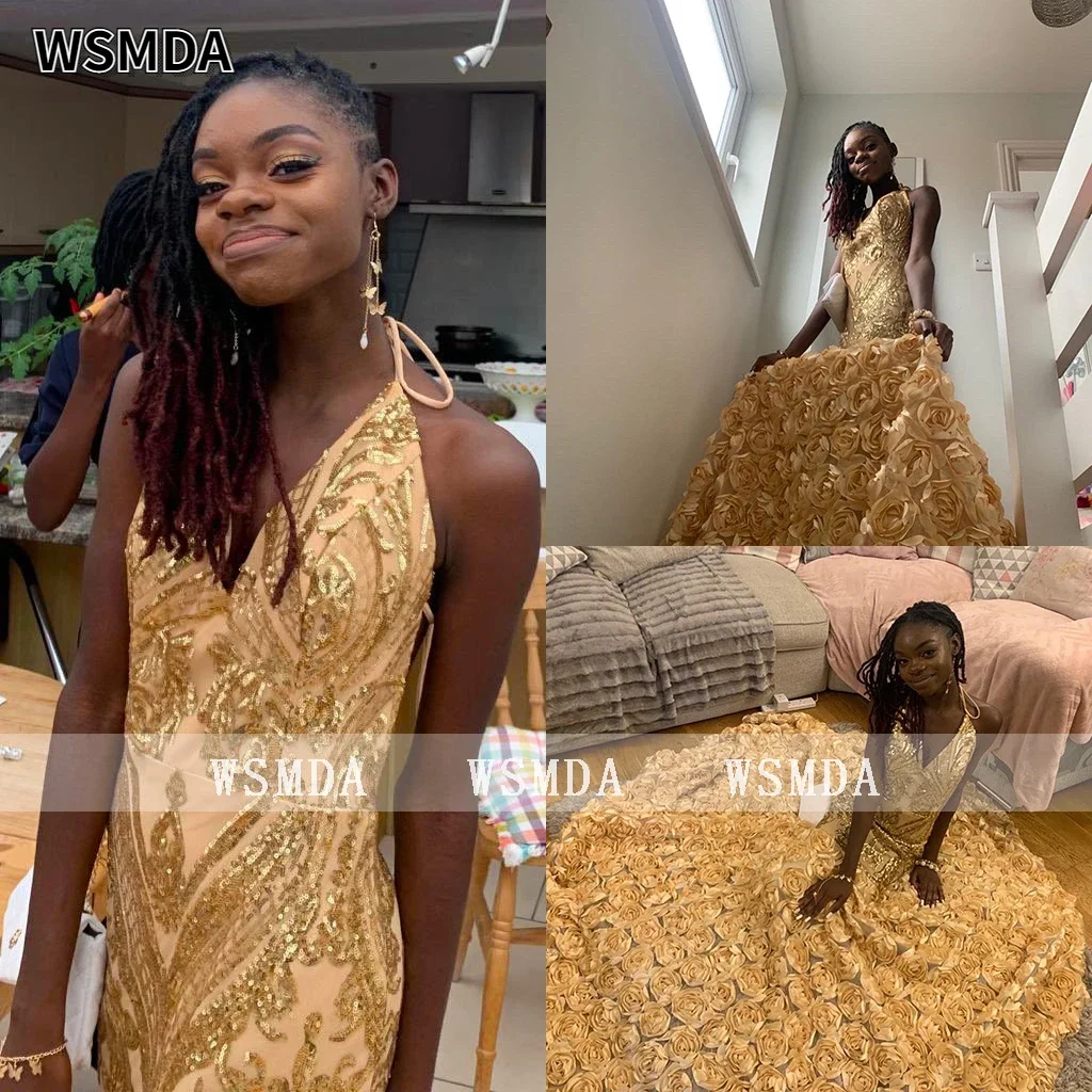 الذهب الترتر الدانتيل الزهور أسفل حورية البحر فستان الحفلة الراقصة الرسن العنق لطيف مساء حزب ثوب للفتيات الحلو مخصص #1