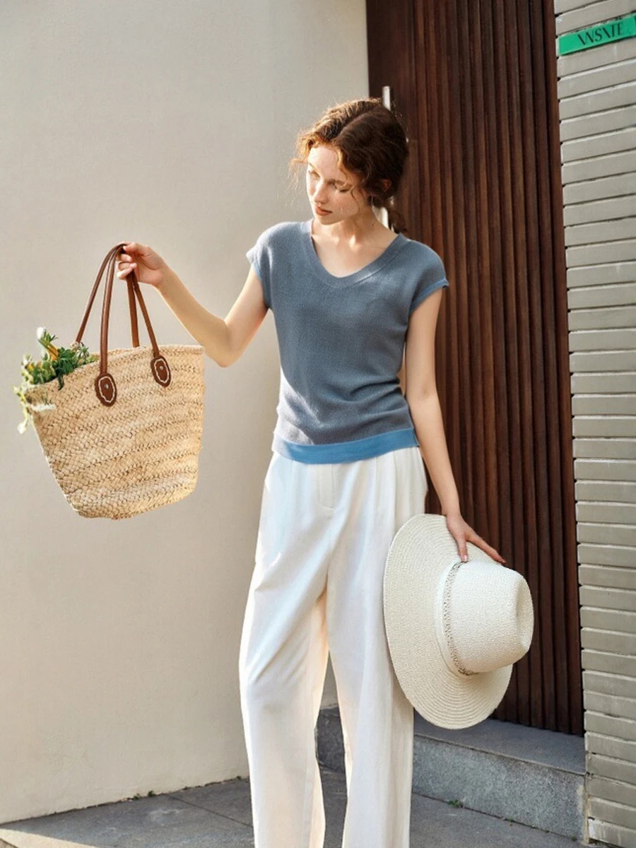 OLrain-suéter de punto informal para mujer, Top de punto con cuello en V, Color contrastante, gorra gris, jerséis, ropa para mujer O57XZ98193