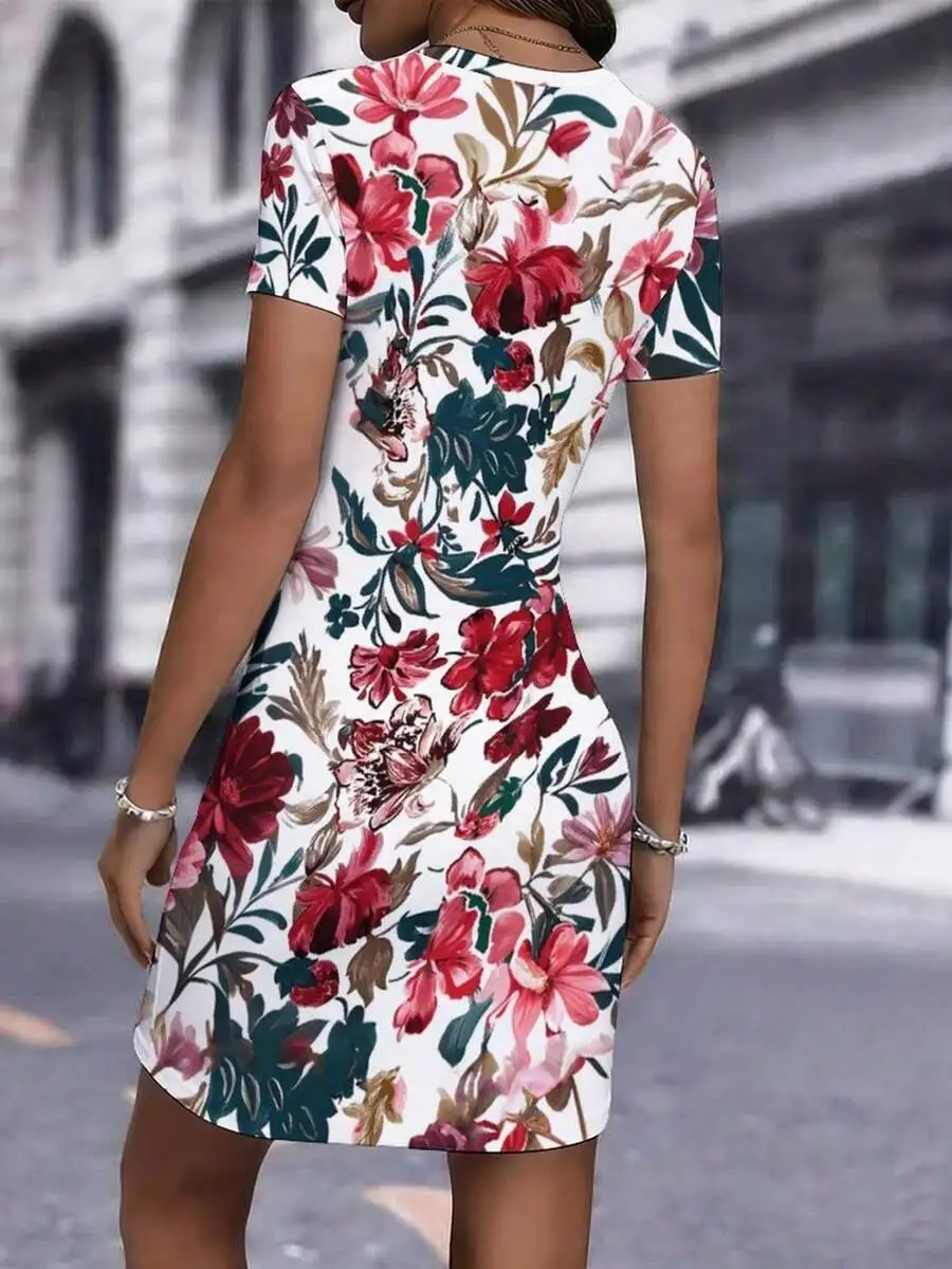 

Womens Floral Print Bodycon Dress Short Sleeve Round Neck Midi Elegant Casual Party Vacation