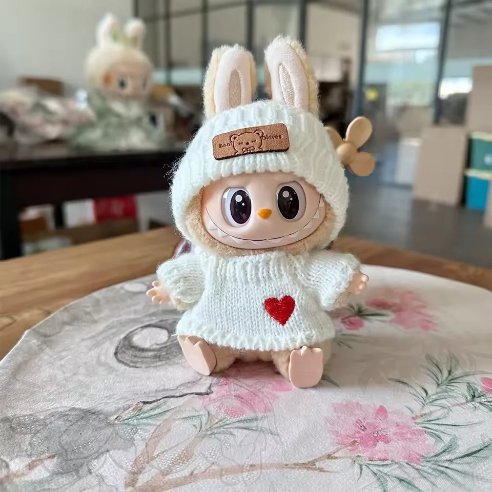 Cute Labubu Bunny Doll Accessories with Knitted Clothes Rabbit Ears Hat Heart Sweater for Toy Collectors Labubu Clothes