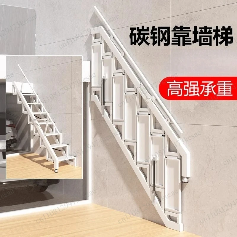 Wall-Mounted Folding Loft Ladder, Carbon Steel Welded Stairs, Heavy Duty Mezzanine Access for Garage & Indoor