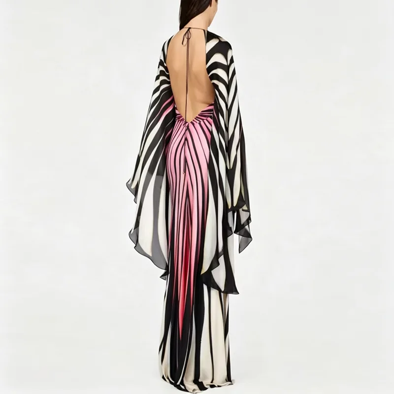 Women Striped Print Maxi Dress - огляд і ціна Maxi Dress Halter